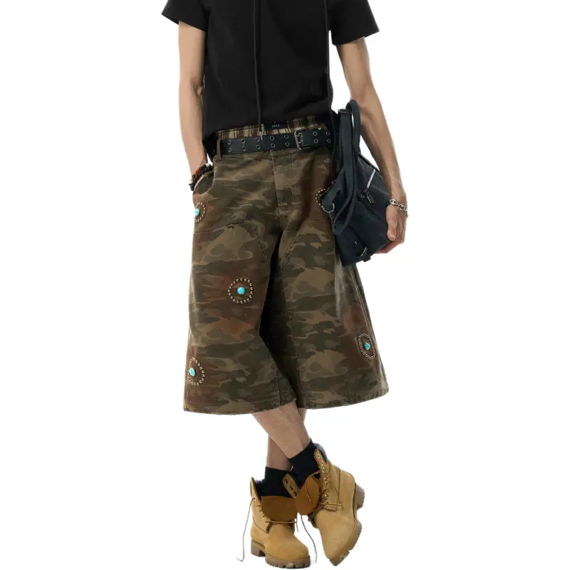 JHYQ Denim Shorts Unisex Army Green Camouflage-1