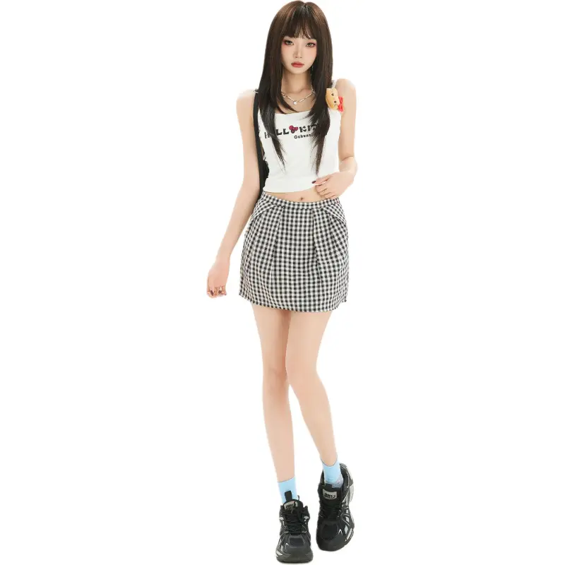 Kazakhstan Casual Short Skirts Women's Black White Plaid-2
