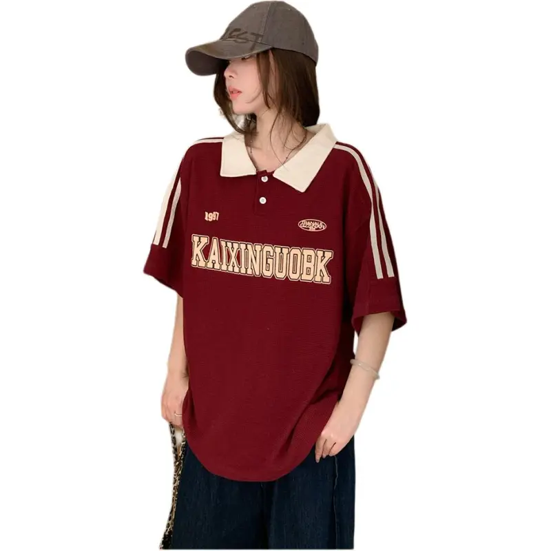 Mu Xiao Xin T Shirt Women's Maroon Letter Polo Collar T Shirt-3