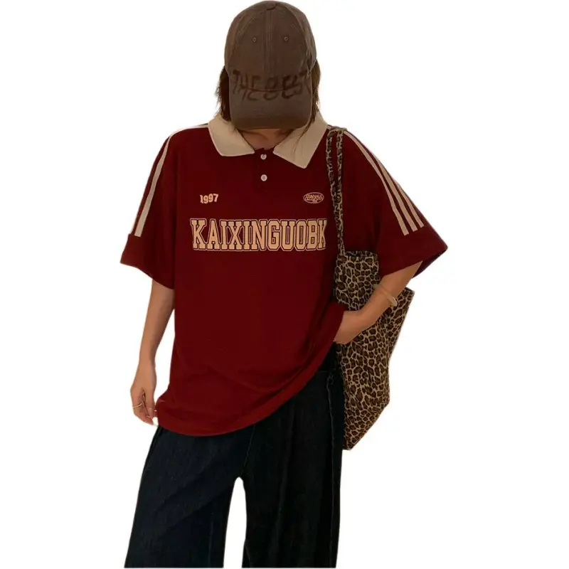 Mu Xiao Xin T Shirt Women's Maroon Letter Polo Collar T Shirt-5