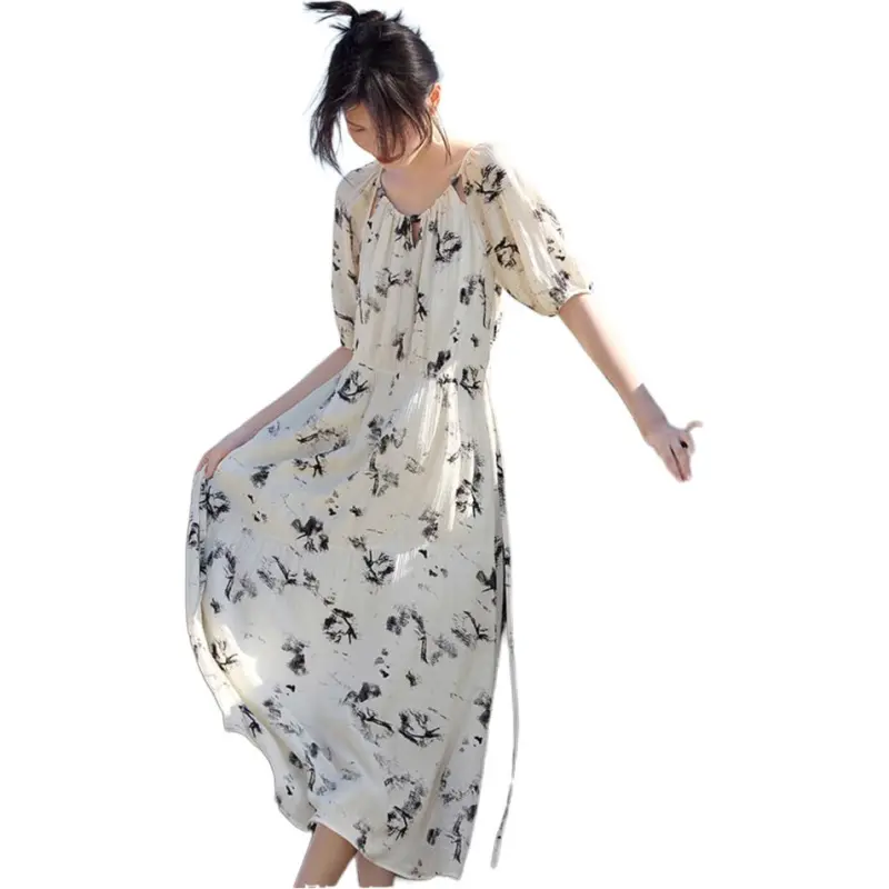 XWI Short Sleeved Dress Women's Beige With Black Floral-1