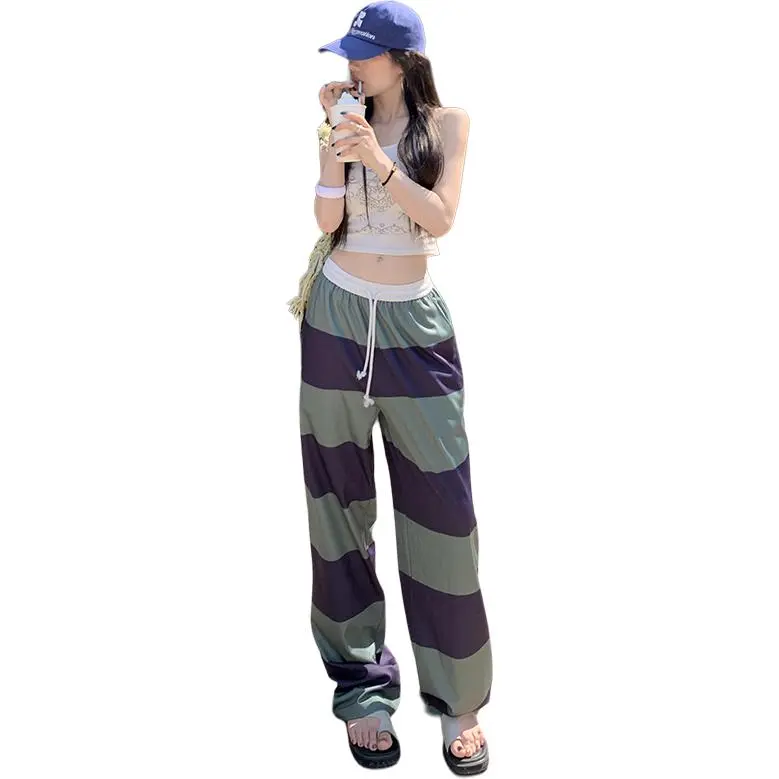 Kazakhstan Casual Pants Women's Purple And Green Stripes-5