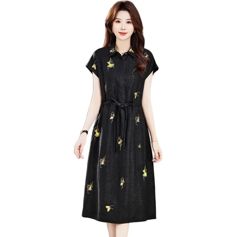 Yi Mengyuan Silk Short Sleeved Dress Women's Black-1