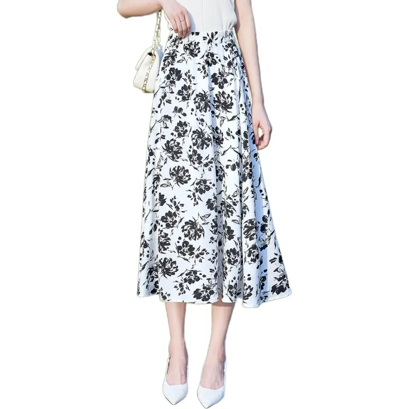 Mo Han Yi Mei Casual Long Skirt Women's White With Black Floral-1