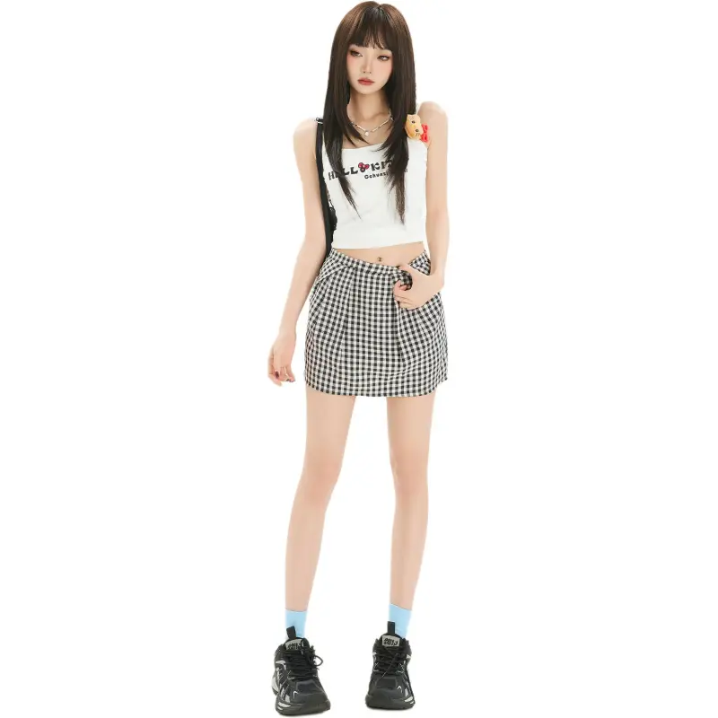 Kazakhstan Casual Short Skirts Women's Black White Plaid-3