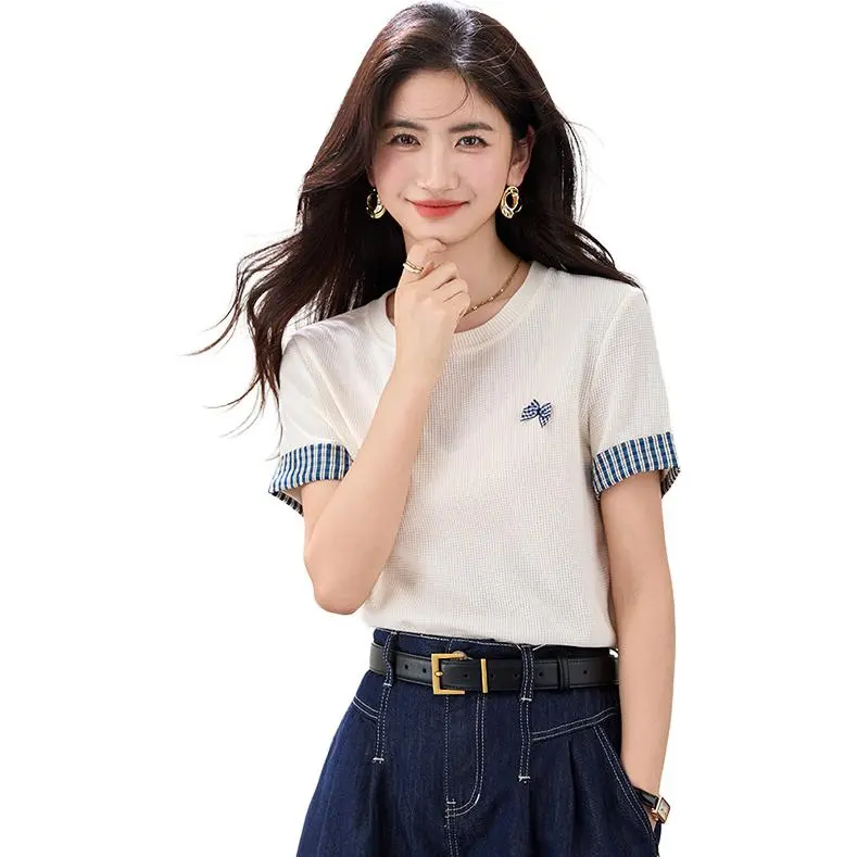 La Chapelle T Shirts Women's White Plaid Small Butterfly-2