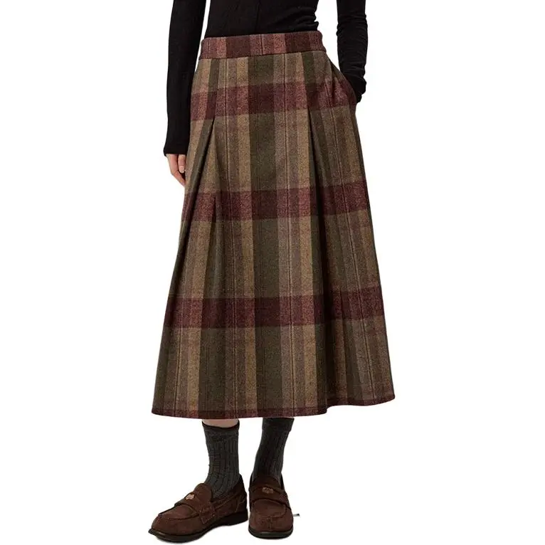 Omont Casual Long Skirt Women's Vintage Green Purple Plaid-2