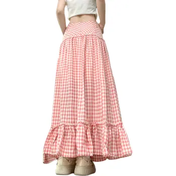 Mu Xiao Xin Casual Long Skirt Women's Pink Plaid
