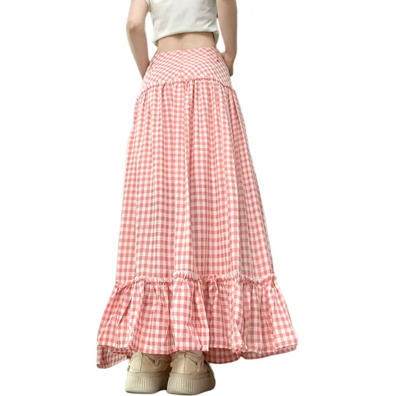 Mu Xiao Xin Casual Long Skirt Women's Pink Plaid-1