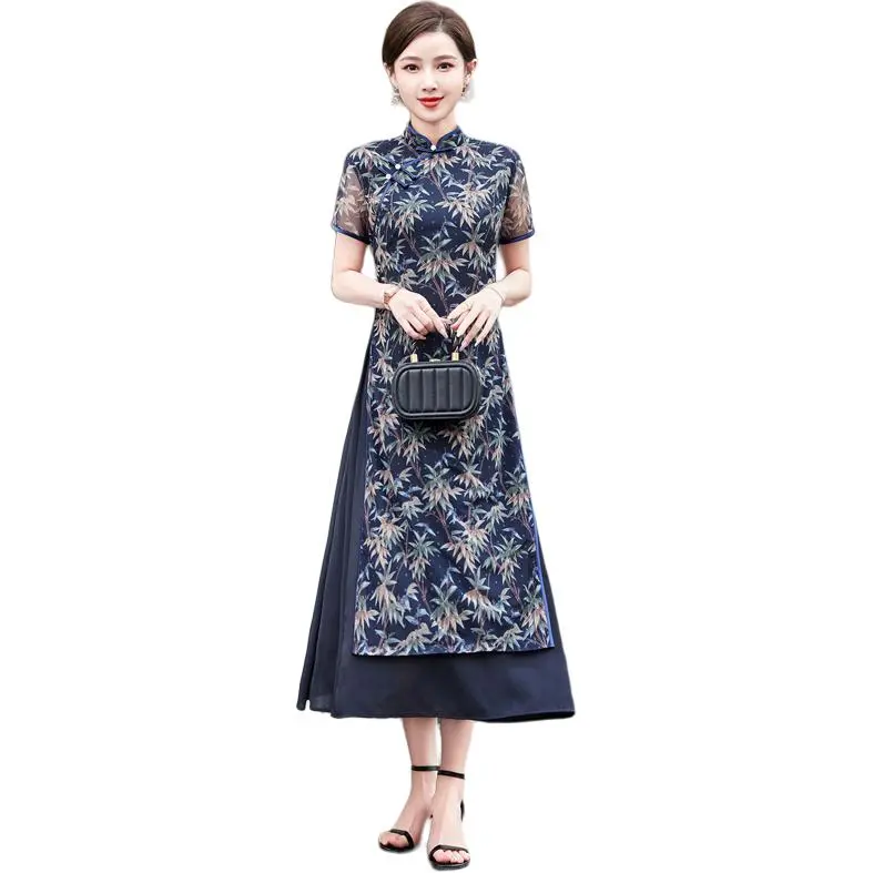 Yi Mengyuan Short Sleeved Dress Women's Blue-1