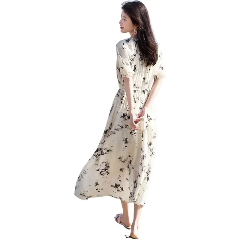 XWI Short Sleeved Dress Women's Beige With Black Floral-2