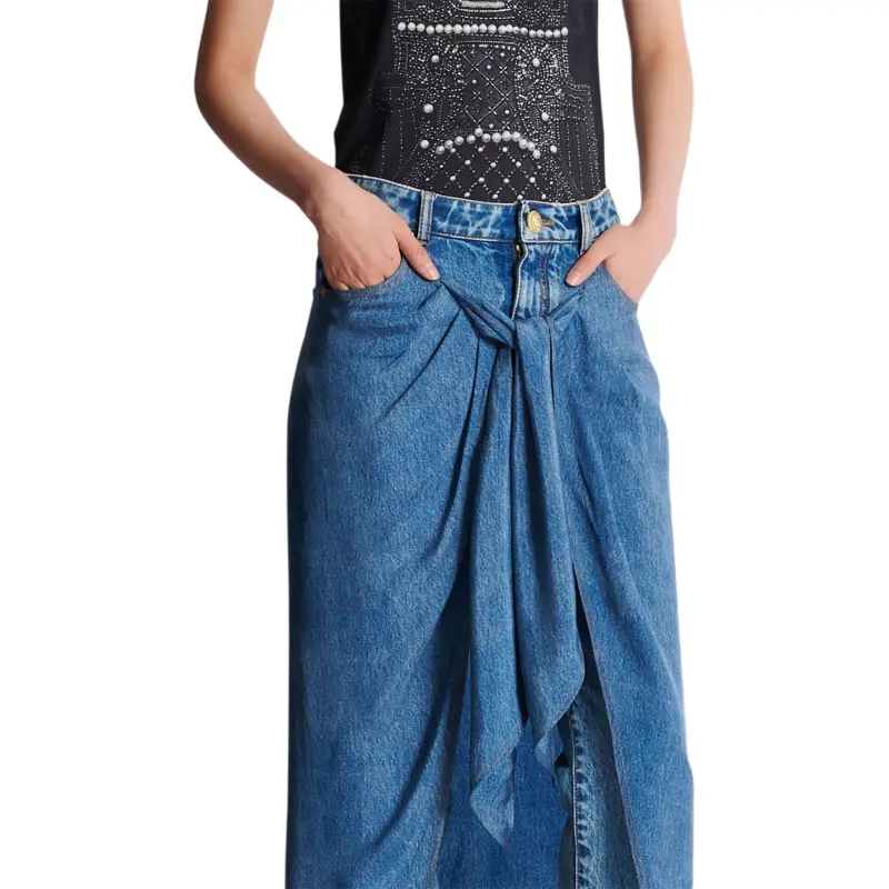 BALMAIN FW24 Denim Long Skirts Women's Blue-5