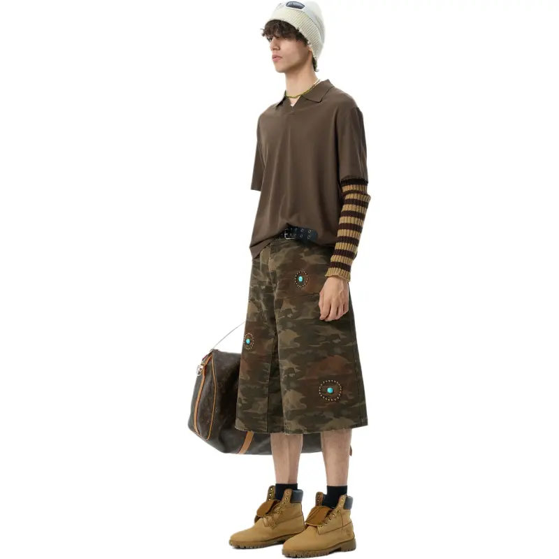 JHYQ Denim Shorts Unisex Army Green Camouflage-3