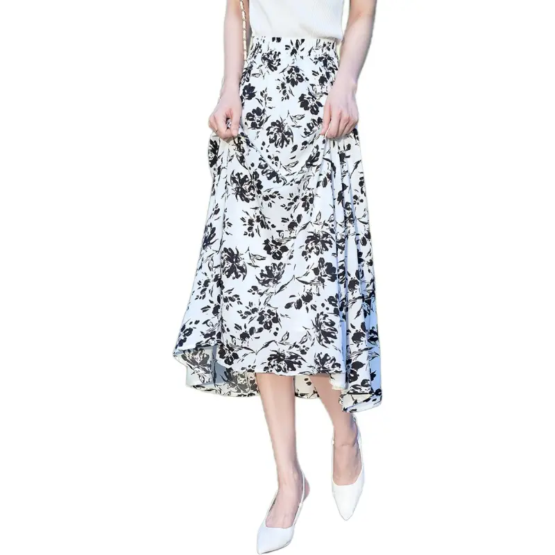 Mo Han Yi Mei Casual Long Skirt Women's White With Black Floral-2