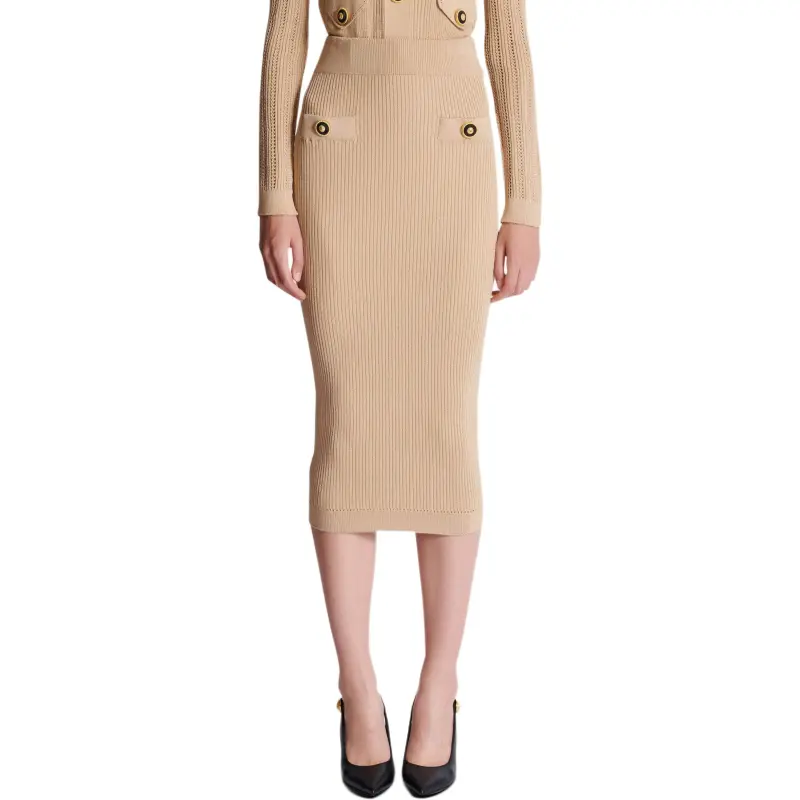 BALMAIN Button Detailed Ribbed Pencil Skirt-1