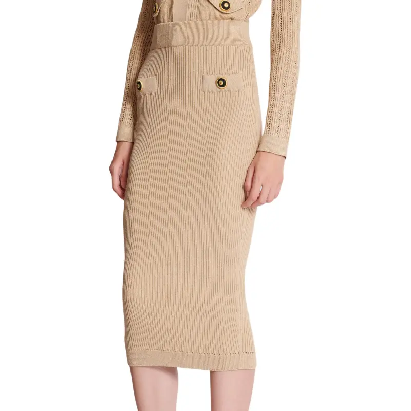 BALMAIN Button Detailed Ribbed Pencil Skirt-2