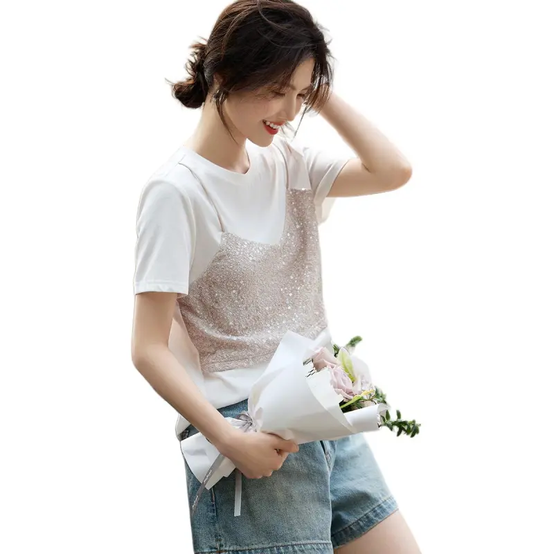 XWI T Shirt Women's White & Beige Apricot-1