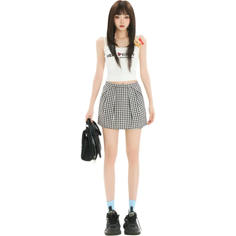 Kazakhstan Casual Short Skirts Women's Black White Plaid-4