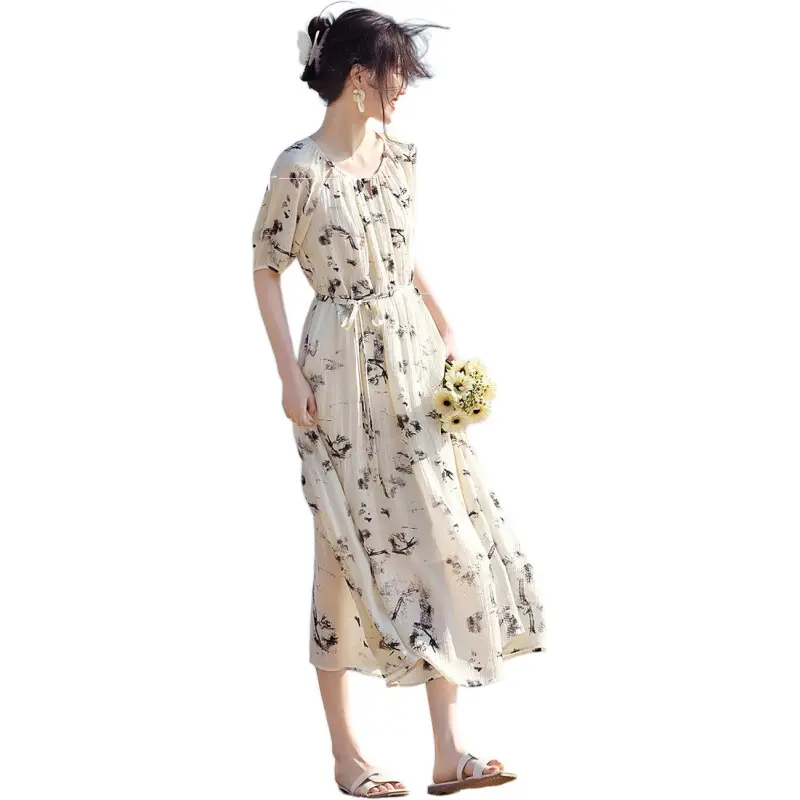 XWI Short Sleeved Dress Women's Beige With Black Floral-3