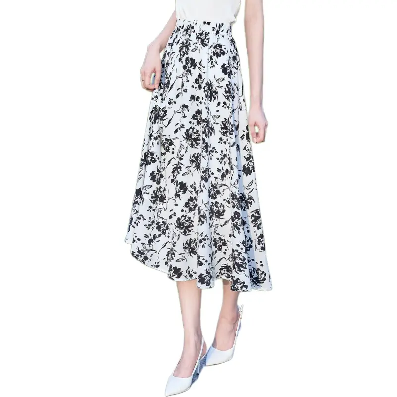 Mo Han Yi Mei Casual Long Skirt Women's White With Black Floral-3