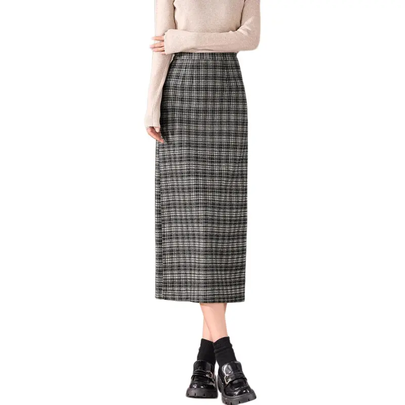 Weixi Casual Long Skirts Women's Black White Plaid-3