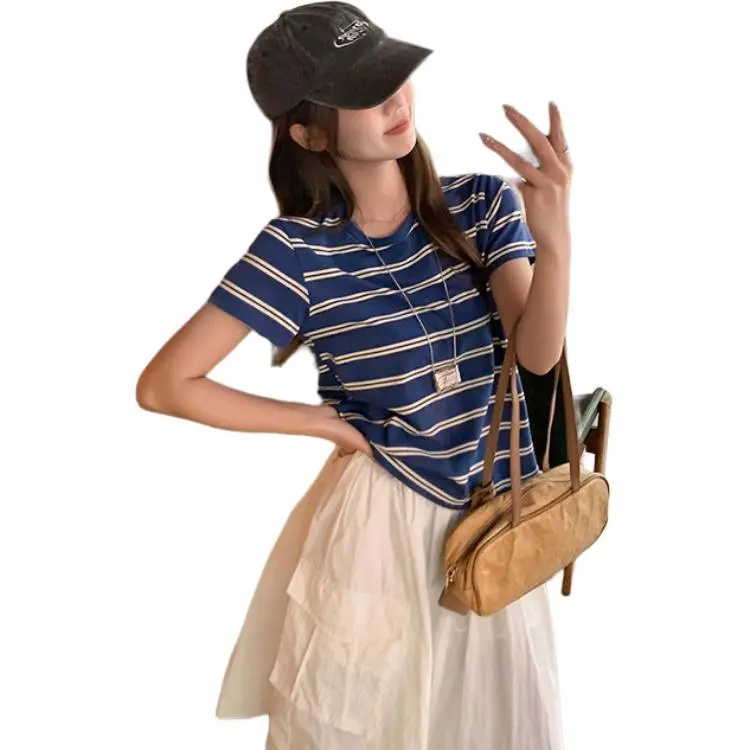 Mu Xiao Xin T Shirt Women's Blue Stripes-3