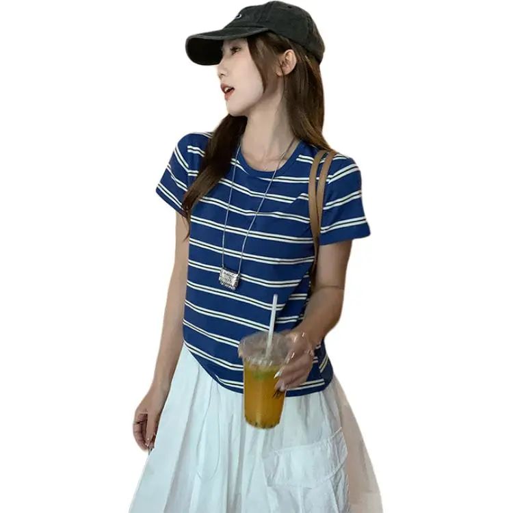Mu Xiao Xin T Shirt Women's Blue Stripes-4