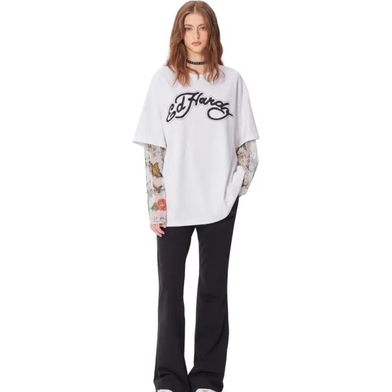 Ed Hardy SS25 Drop Shoulder Sleeve T Shirt Women's White-2
