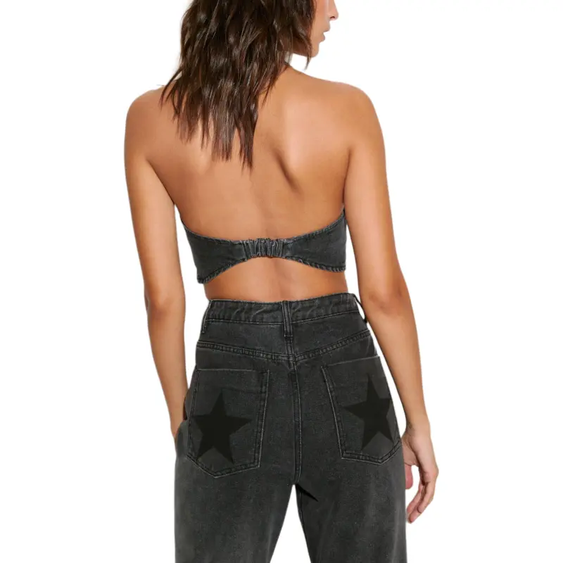 NASTY GAL Nessa Barrett Star Washed Denim Halterneck Top Crop Tops Women's Black-1