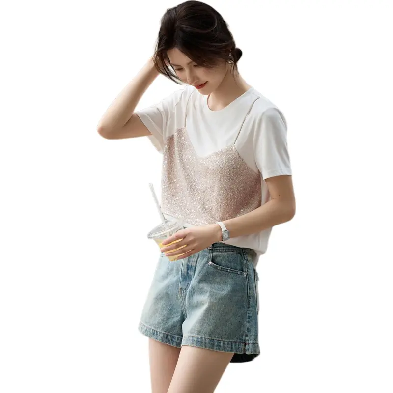 XWI T Shirt Women's White & Beige Apricot-3