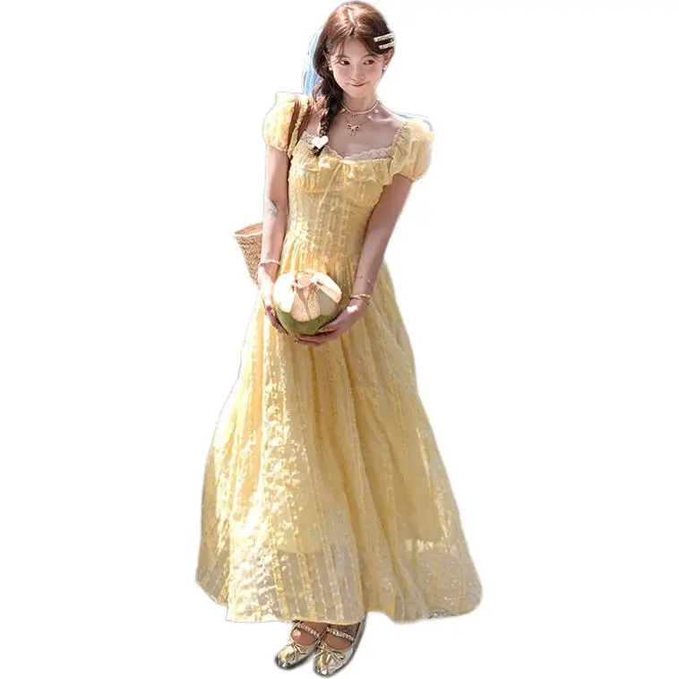 Mu Xiao Xin Short Sleeved Dress Women's Yellow-1