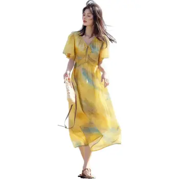 XWI Short Sleeved Dress Women's Yellow Green Blended