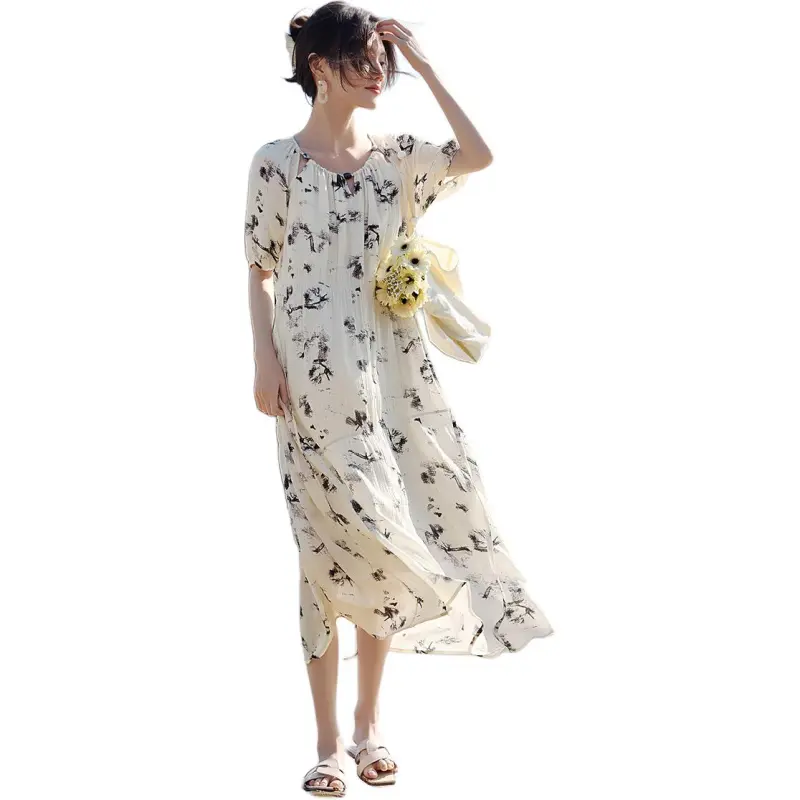 XWI Short Sleeved Dress Women's Beige With Black Floral-4