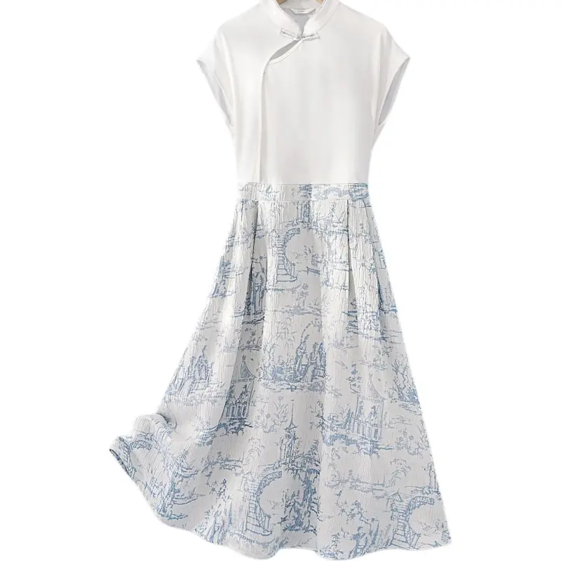 IHIMI Short Sleeved Dresses Women's Ecru+Sky Blue-1