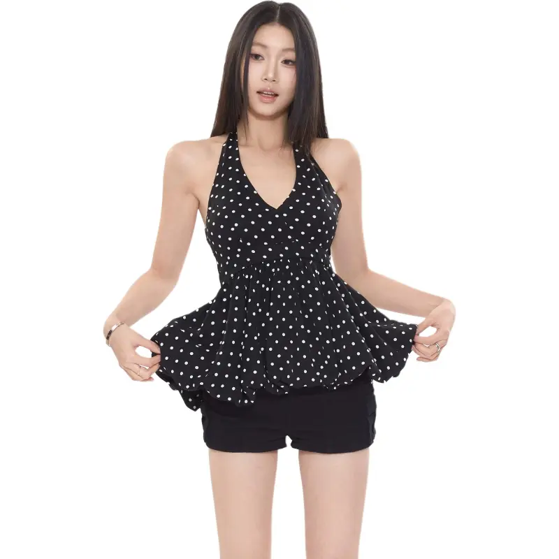 Mu Xiao Xin Camisoles Women's Black Polka Dot-4