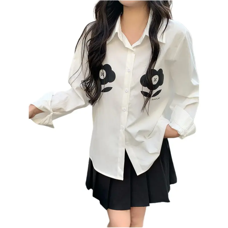 GOSO Shirt Women's Pure White, Black Floral Shirt-3