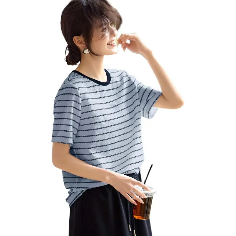 XWI T Shirt Women's Blue Black Stripes-1