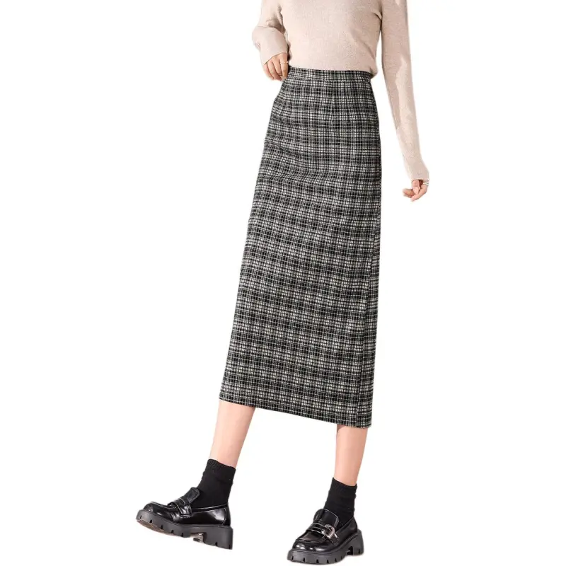 Weixi Casual Long Skirts Women's Black White Plaid-4