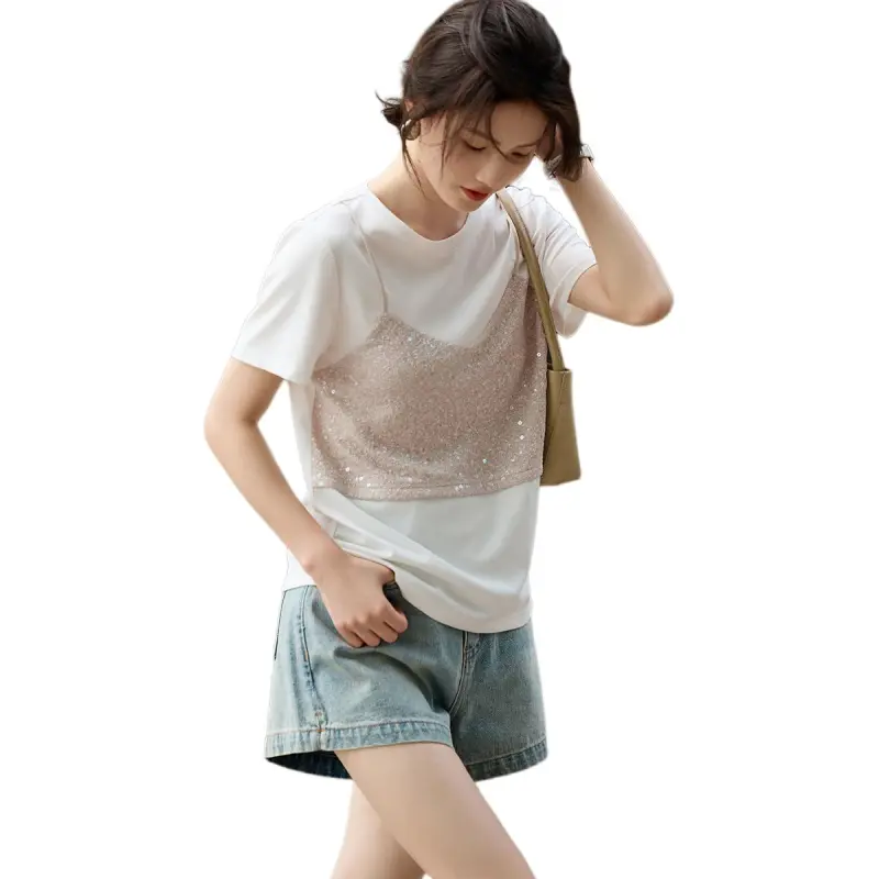 XWI T Shirt Women's White & Beige Apricot-4