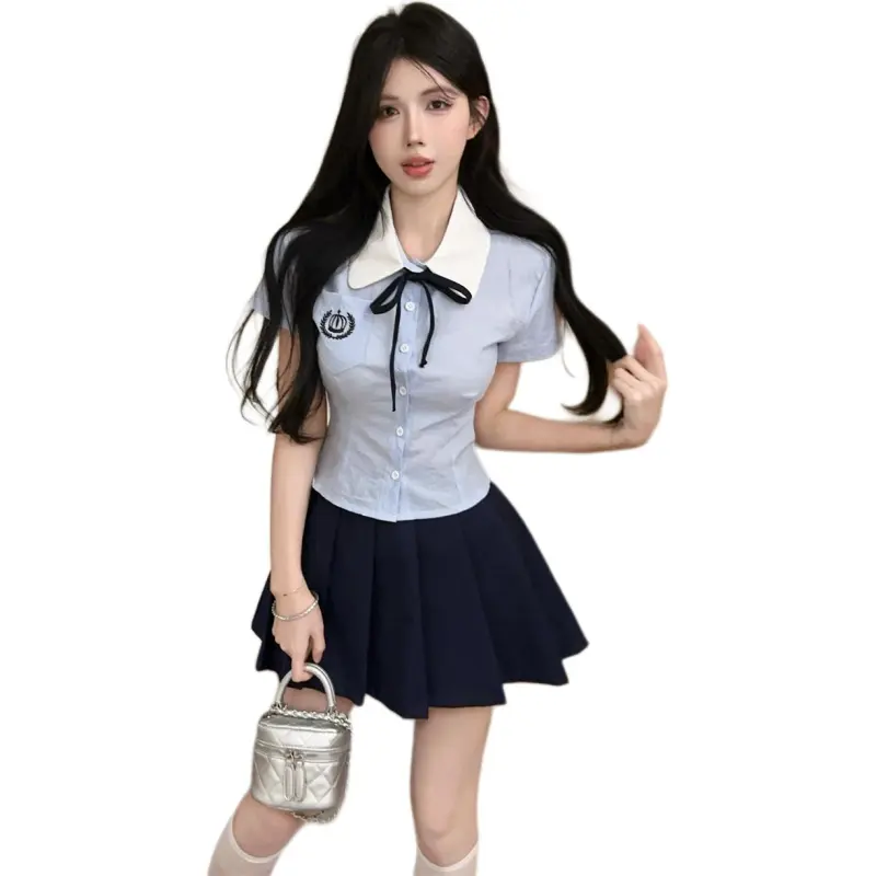 Dior Beauty Two Piece Skirt Sets Women's Blue Shirt With Bow Tie, Blue Pleated Skirt-6