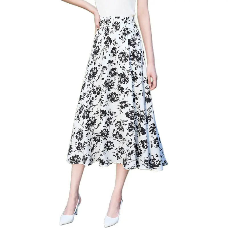 Mo Han Yi Mei Casual Long Skirt Women's White With Black Floral-4