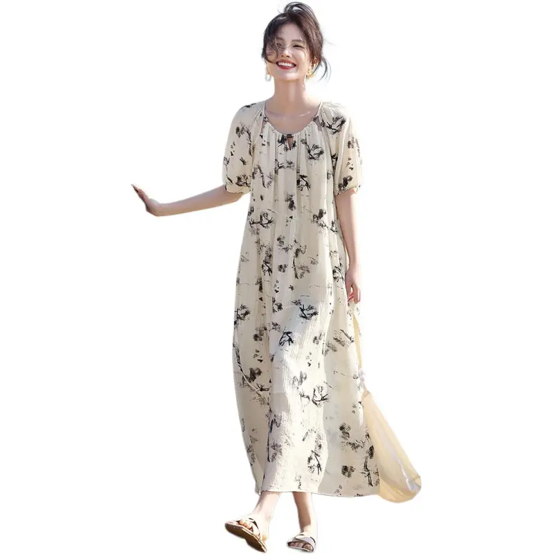 XWI Short Sleeved Dress Women's Beige With Black Floral-5