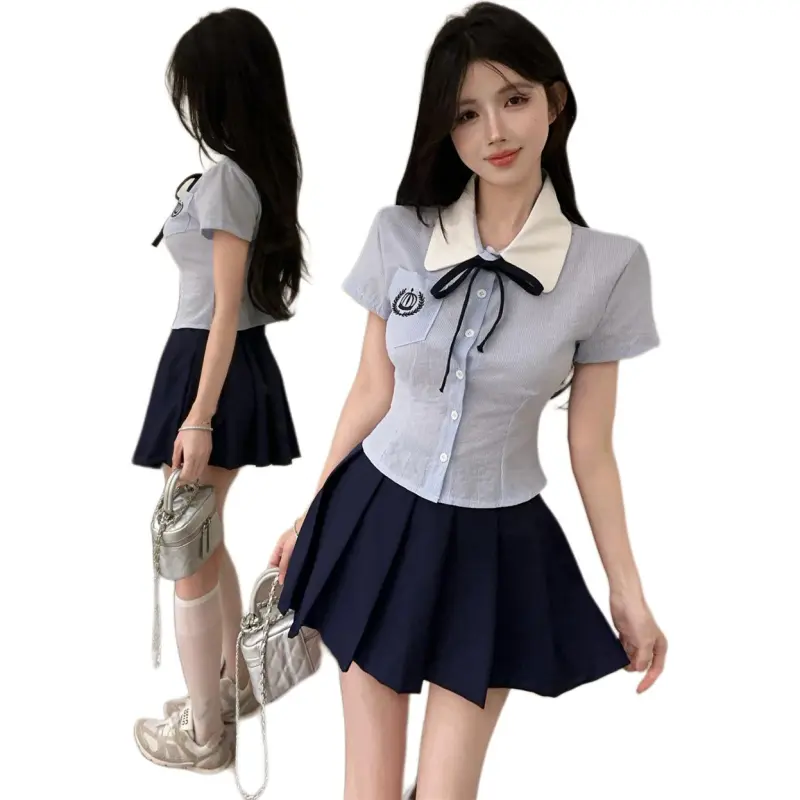 Dior Beauty Two Piece Skirt Sets Women's Blue Shirt With Bow Tie, Blue Pleated Skirt-3