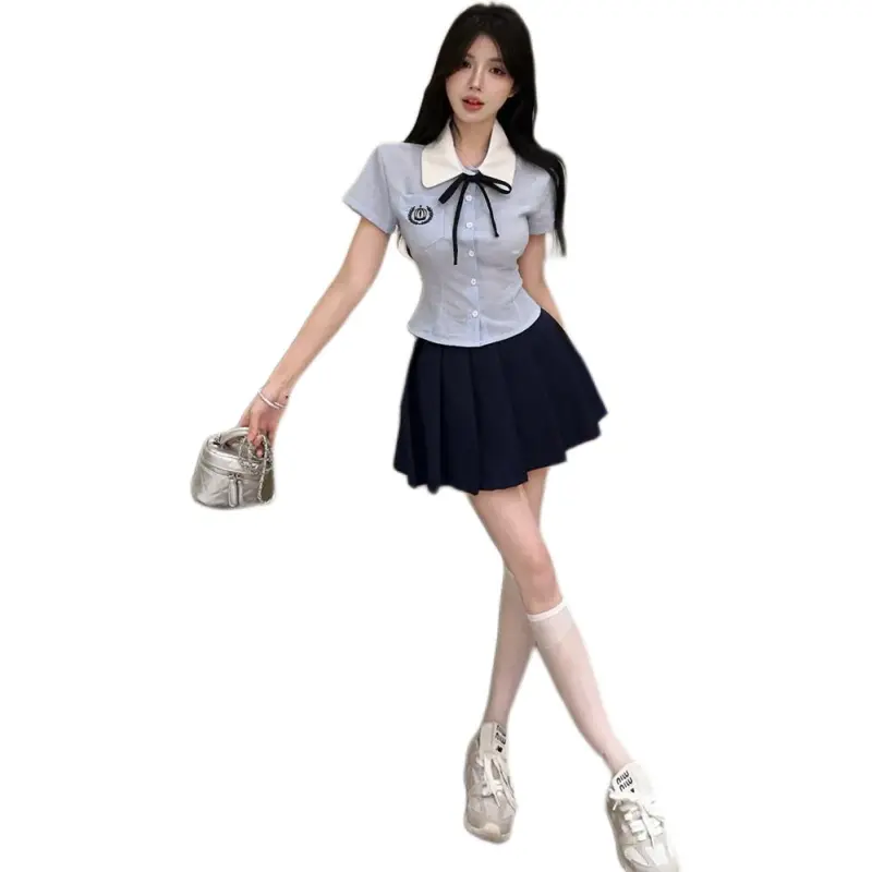 Dior Beauty Two Piece Skirt Sets Women's Blue Shirt With Bow Tie, Blue Pleated Skirt-9