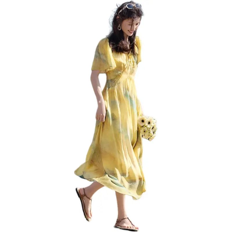XWI Short Sleeved Dress Women's Yellow Green Blended-1