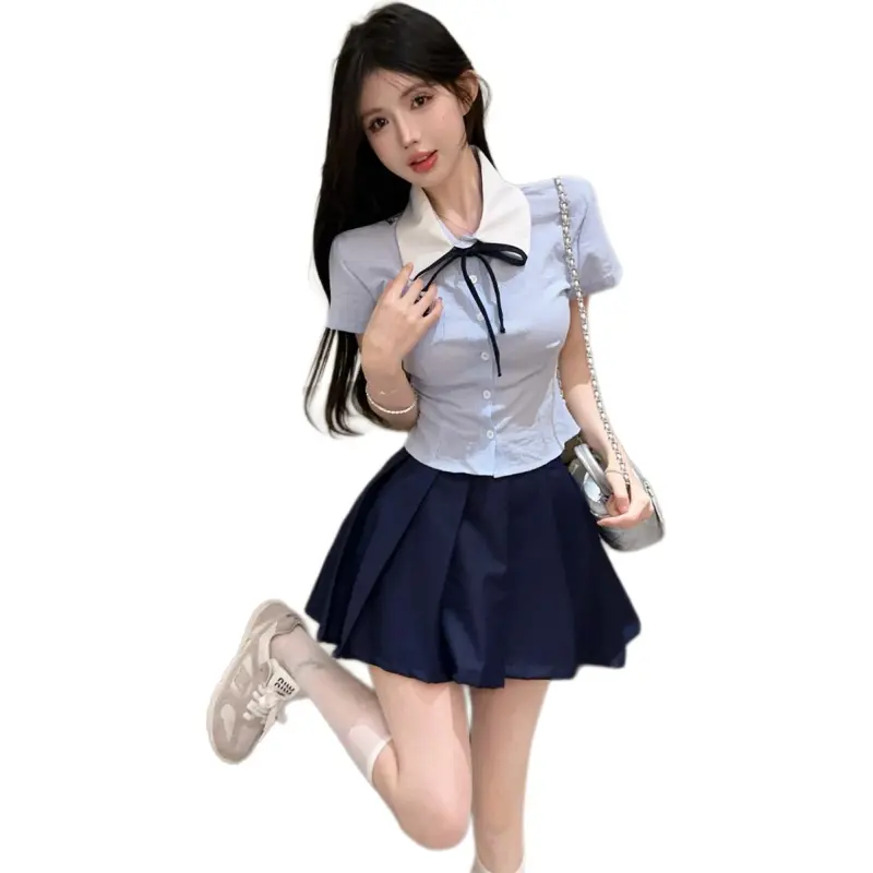 Dior Beauty Two Piece Skirt Sets Women's Blue Shirt With Bow Tie, Blue Pleated Skirt-1
