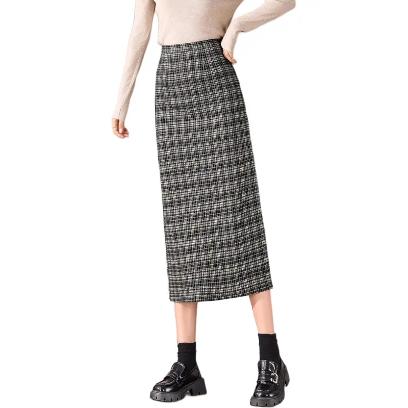 Weixi Casual Long Skirts Women's Black White Plaid-5