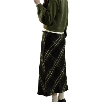 Alxnan Casual Long Skirt Women's Green Plaid