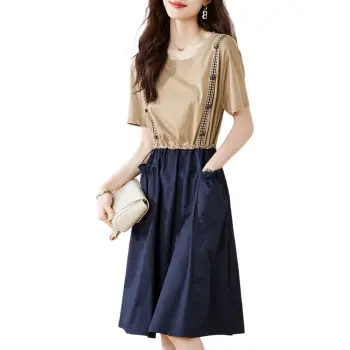 Mo Han Yi Mei Short Sleeved Dress Women's Khaki & Navy Blue