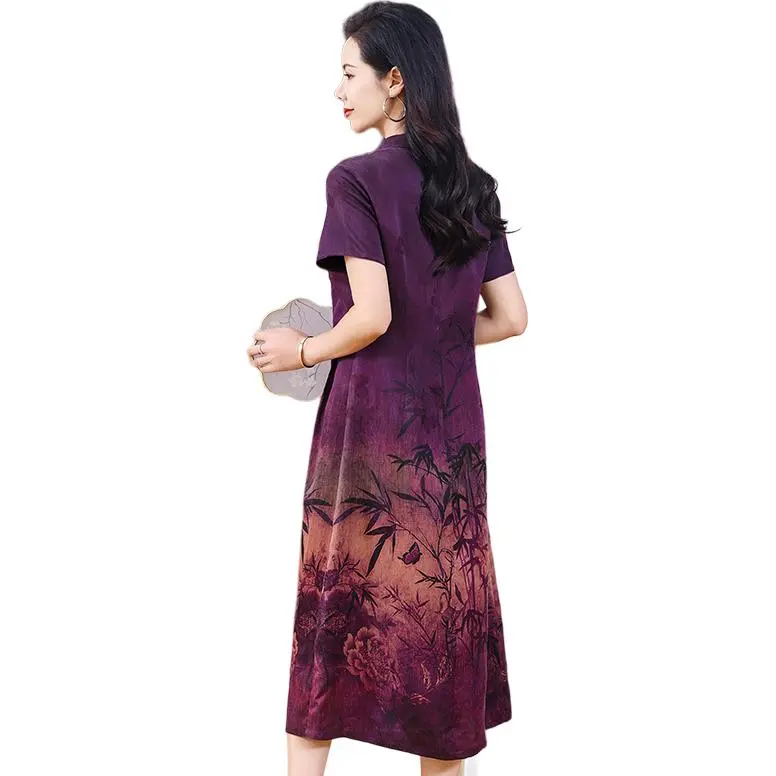 Yi Mengyuan Silk Short Sleeved Dress Women's Purple-0